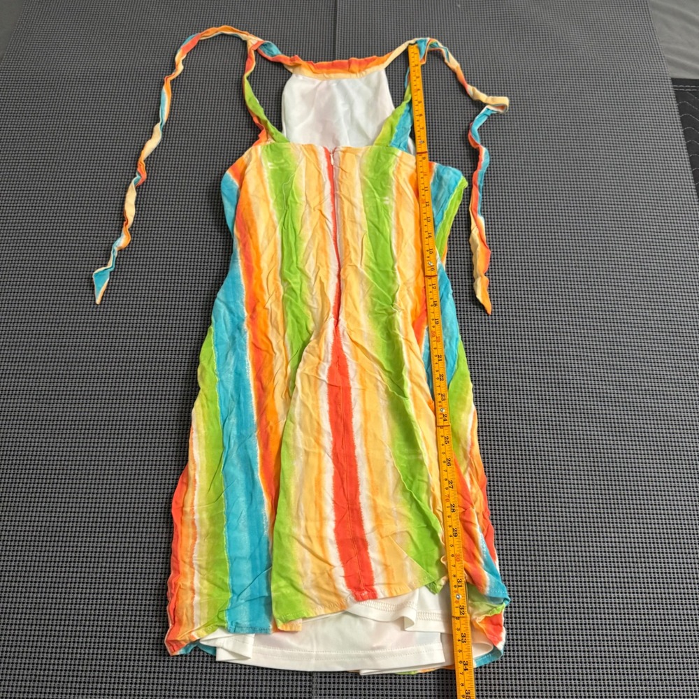 Emily Wonder Womens Rainbow Vertical Stripe Halter Neck Mini Dress Multi Color L - Picture 5 of 6